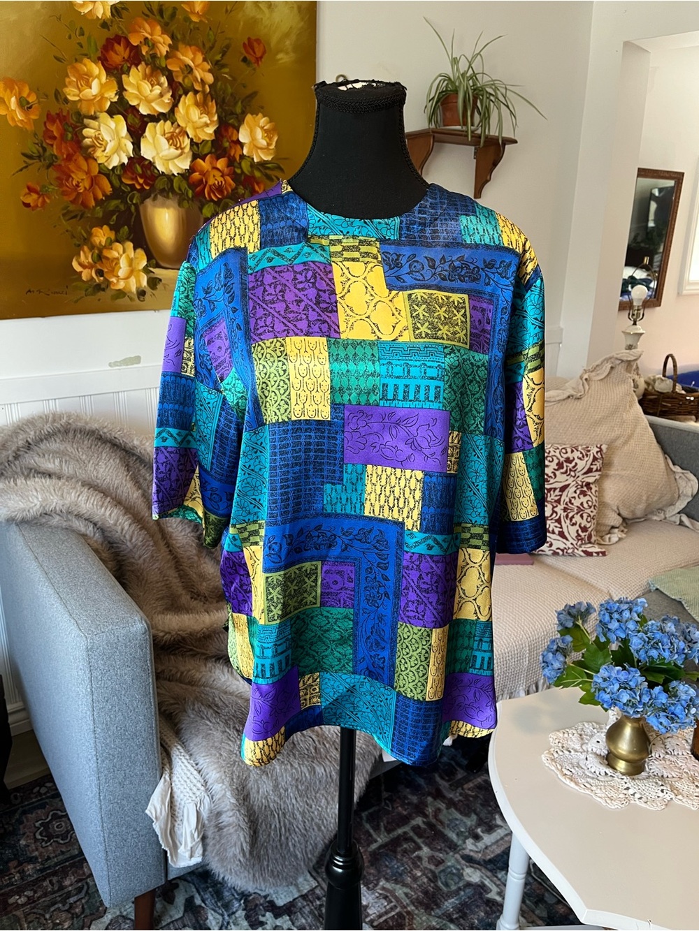 Peters & Ashley Vintage Bold 90s Colorblock Patchwork Short Sleeve Top Size L